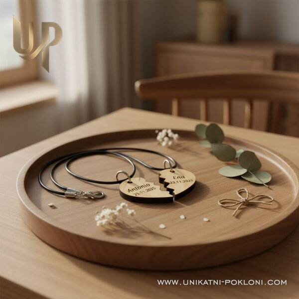 Ljubavni pokloni - Set privjesaka drvena polusrca na lančićima 6 Ogrlice za Valentinovo