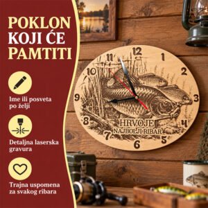 Poklon za ribara - Personalizirani drveni sat Riba - Unikatni pokloni Što pokloniti ribaru