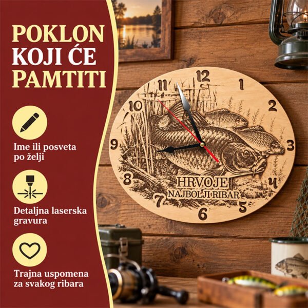 Poklon za ribara - Personalizirani drveni sat Riba - Unikatni pokloni Što pokloniti ribaru