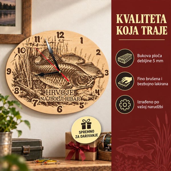 Poklon za ribara - Personalizirani drveni sat Riba - Unikatni pokloni Što pokloniti ribiču