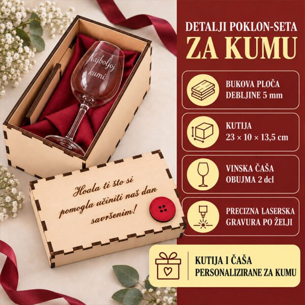 Personalizirani drveni set sa čašom - Poklon za kumu - DUGME - Unikatni pokloni Poklon za kumu na svadbi Originalni pokloni za kumu