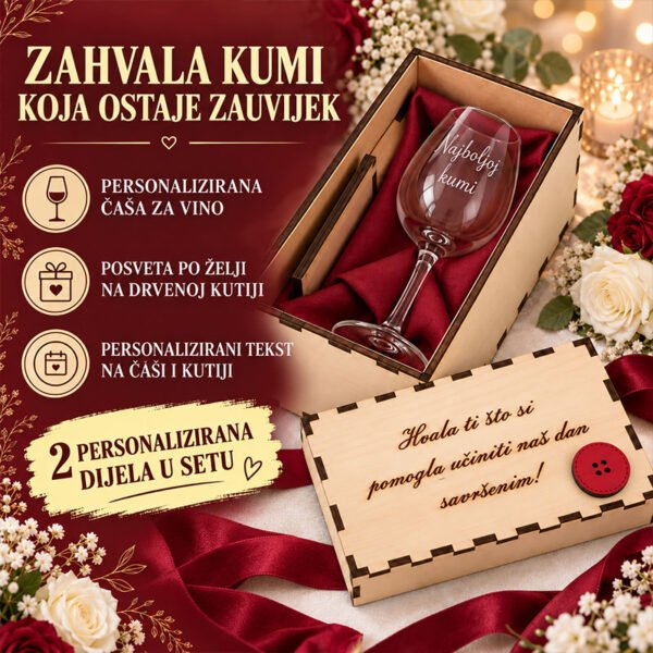 Personalizirani drveni set sa čašom - Poklon za kumu - DUGME - Unikatni pokloni Poklon za kumu na svadbi Unikatni pokloni za kumu
