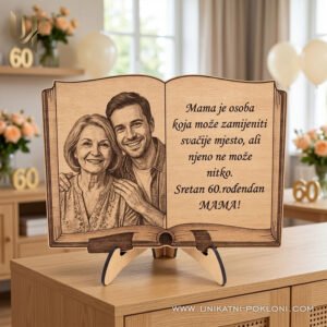 Poklon za mamu - drveni portret u obliku knjige s graviranom slikom i posvetom - Unikatni pokloni Super poklon za mamu - Personalizirani pokloni za najmilije
