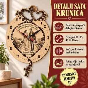 Personalizirani drveni sat - Krunica - Unikatni pokloni Drveni sat s krunicom