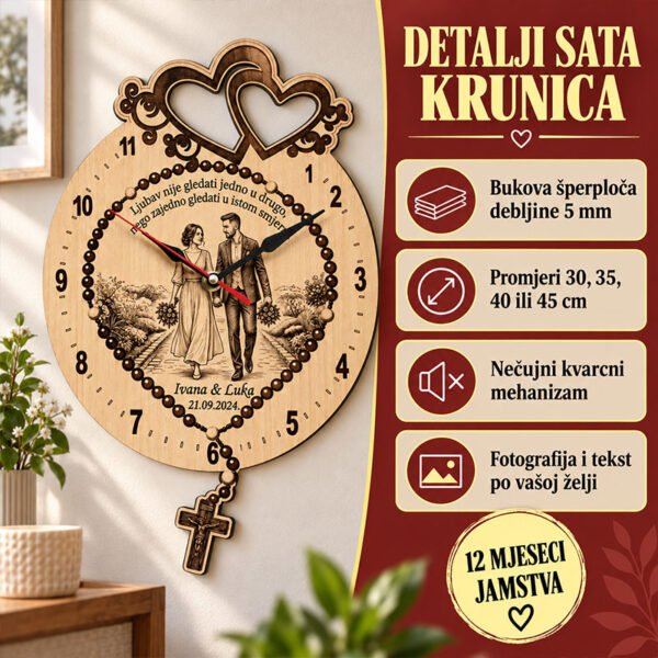 Personalizirani drveni sat - Krunica - Unikatni pokloni Drveni sat s krunicom