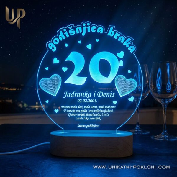 Personalizirana LED lampa - Poklon za 20. godišnjicu braka ili veze - Unikatni pokloni Poklon za 20. godišnjicu braka