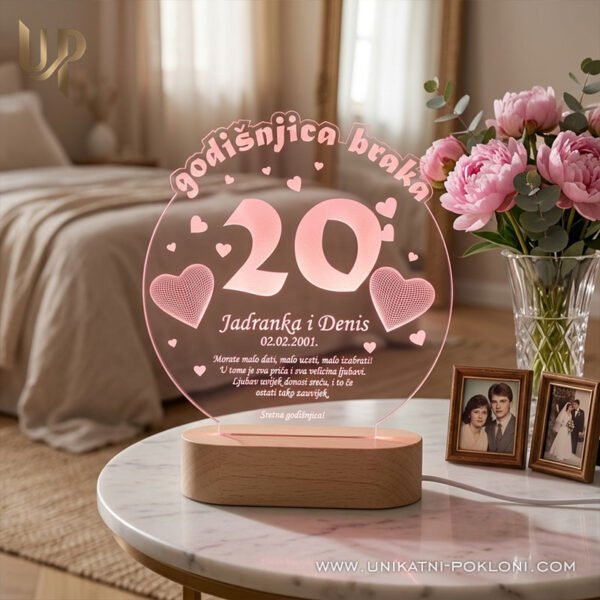 Personalizirana LED lampa - Poklon za 20. godišnjicu braka ili veze - Unikatni pokloni Što kupiti za dvadesetu godišnjicu braka