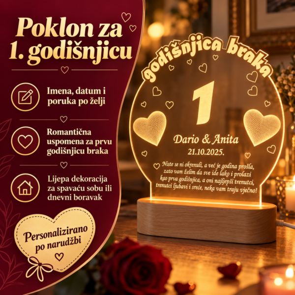 POKLON ZA 1 GODIŠNJICU BRAKA, PERSONALIZIRANA LED LAMPA - Unikatni pokloni unikatni poklon za 1. godišnjicu braka