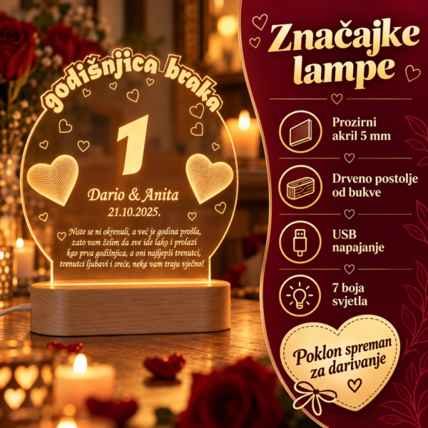 POKLON ZA 1 GODIŠNJICU BRAKA, PERSONALIZIRANA LED LAMPA - Unikatni pokloni unikatni poklon za prvu godišnjicu braka