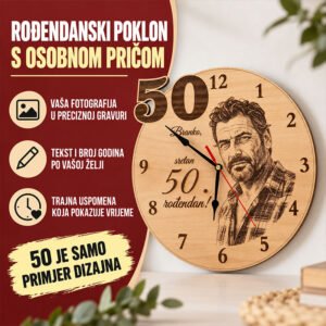POKLON ZA 50. ROĐENDAN - PERSONALIZIRANI DRVENI SAT - Unikatni pokloni Originalan pokloni za 50 rođendan