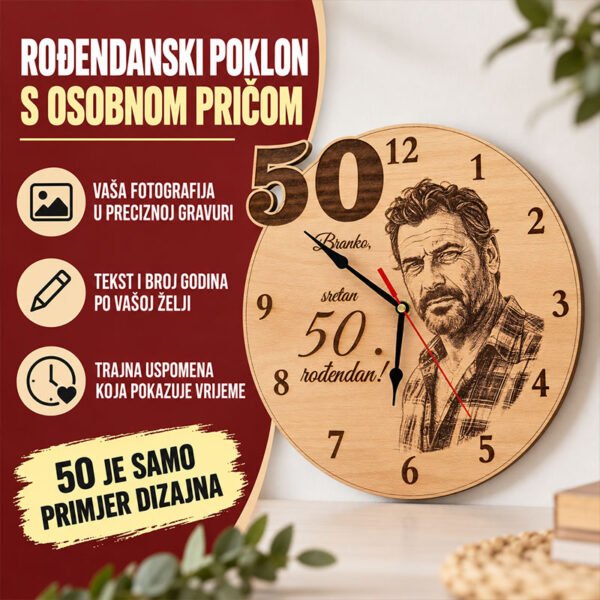 POKLON ZA 50. ROĐENDAN - PERSONALIZIRANI DRVENI SAT - Unikatni pokloni Originalan pokloni za 50 rođendan