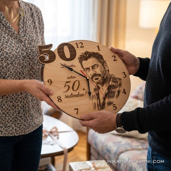 POKLON ZA 50. ROĐENDAN - PERSONALIZIRANI DRVENI SAT - Unikatni pokloni Super poklon za 50 rođendan