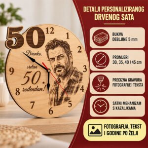 POKLON ZA 50. ROĐENDAN - PERSONALIZIRANI DRVENI SAT - Unikatni pokloni Unikatni poklon za 50 rođendan