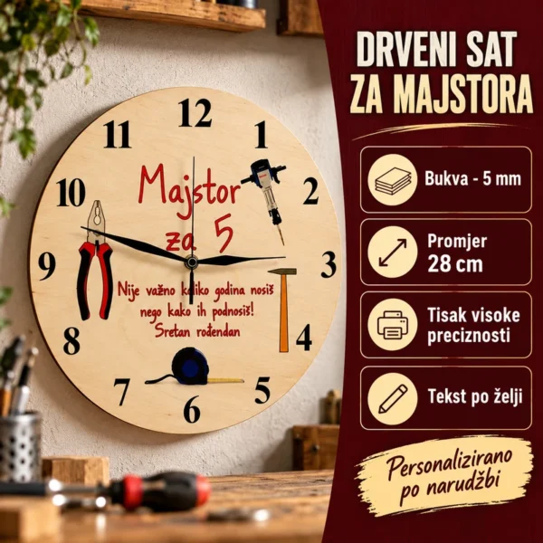 Personalizirani drveni SAT za majstora - Unikatni pokloni Drveni sat za majstora