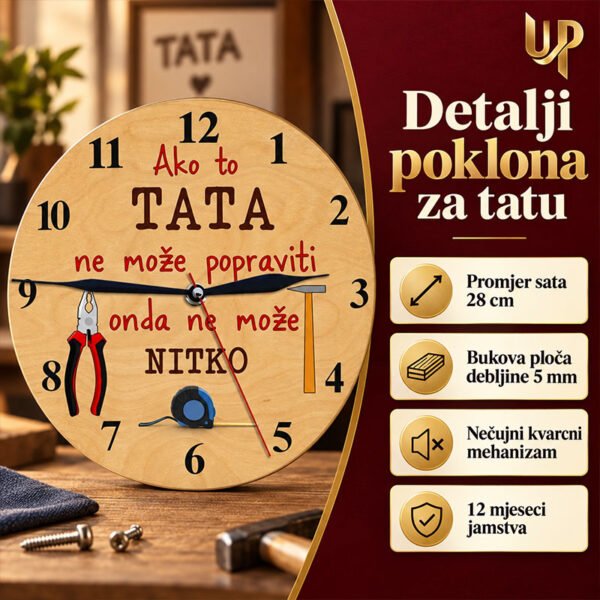 Poklon za tatu "Ako to tata ne može popraviti" - Personalizirani drveni sat - Unikatni pokloni Poklon za tatu "Ako to tata ne može popraviti" - Personalizirani drveni sat - personalizirani poklon