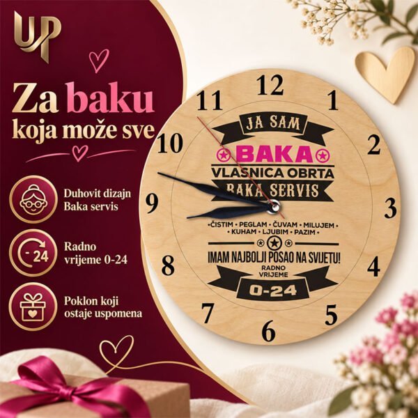 Pokloni za baku - Drveni zidni sat "Baka servis" - Unikatni pokloni Pokloni za baku - Drveni zidni sat "Baka servis" - personalizirani poklon
