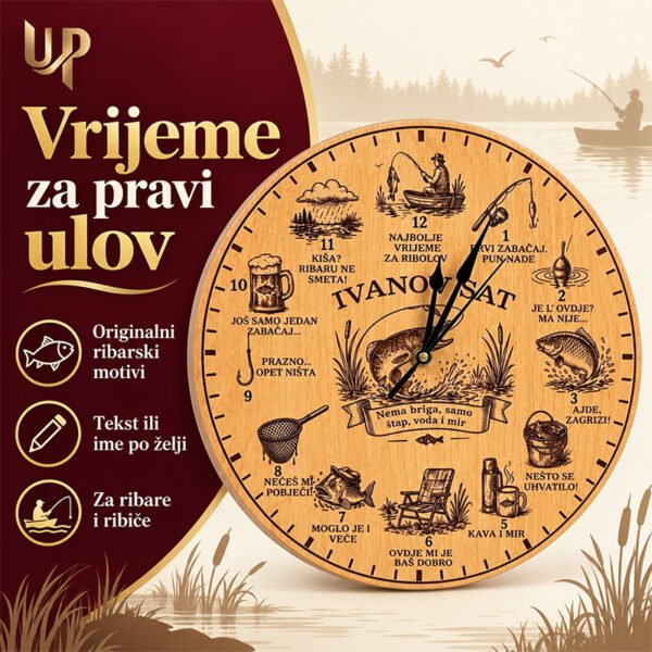 Originalan poklon za ribare i ribiče - personalizirani drveni sat - Unikatni pokloni Originalan poklon za ribare i ribiče - personalizirani drveni sat - personalizirani poklon