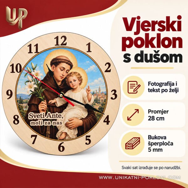 Personalizirani drveni sat sa slikom Svetog Ante - Unikatni pokloni Personalizirani drveni sat sa slikom Svetog Ante - personalizirani poklon