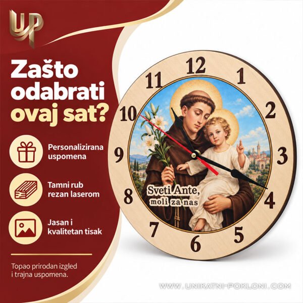 Personalizirani drveni sat sa slikom Svetog Ante - Unikatni pokloni Personalizirani drveni sat sa slikom Svetog Ante - personalizirani poklon