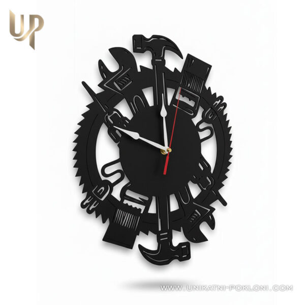 Personalizirani drveni sat za majstore "Zlatne ruke" - Personalizirani drveni sat za radionicu 1 Zlatne ruke - poklon za dobrog majstora