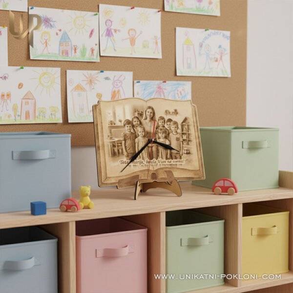 Poklon za tete u vrtiću - Personalizirani drveni sat sa slikom i tekstom 6 oproštaj od vrtića