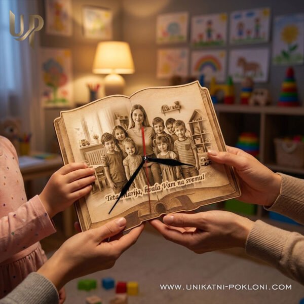 Poklon za tete u vrtiću - Personalizirani drveni sat sa slikom i tekstom 4 poklon za odgajatelje