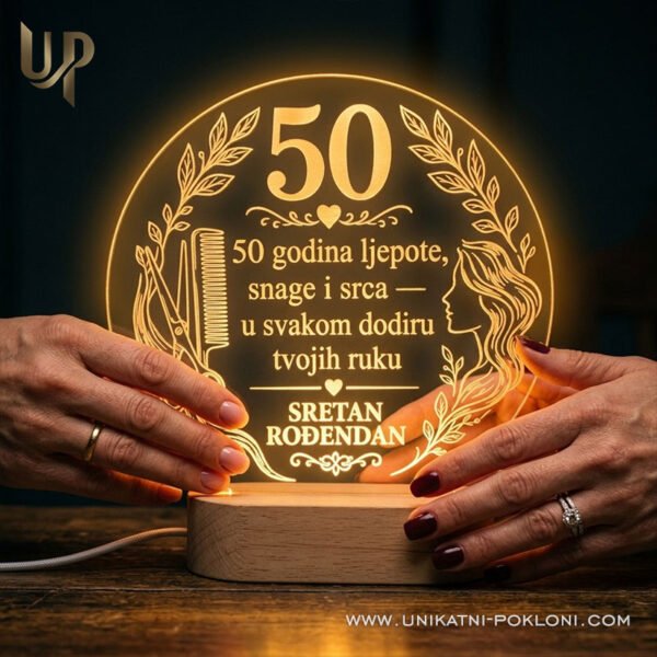 Poklon za Frizere - personalizirana LED lampa s motivom škara i češlja, brojem rođendana i posvetom po želji