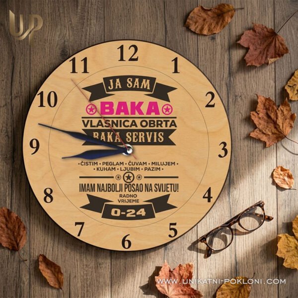 Pokloni za baku - Drveni zidni sat "Baka servis" - Unikatni Pokloni Originalni poklon za baku