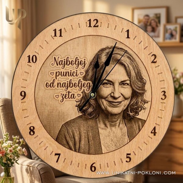 Poklon za punicu - personalizirani drveni sat sa slikom i posvetom