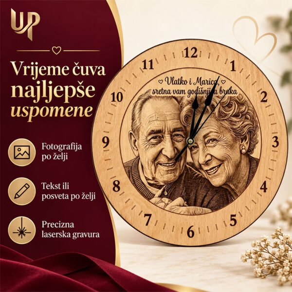 Personalizirani poklon za godišnjicu - drveni sat sa slikom i tekstom po želji - Unikatni pokloni Personalizirani poklon za godišnjicu - drveni sat sa slikom i tekstom po želji - personalizirani poklon