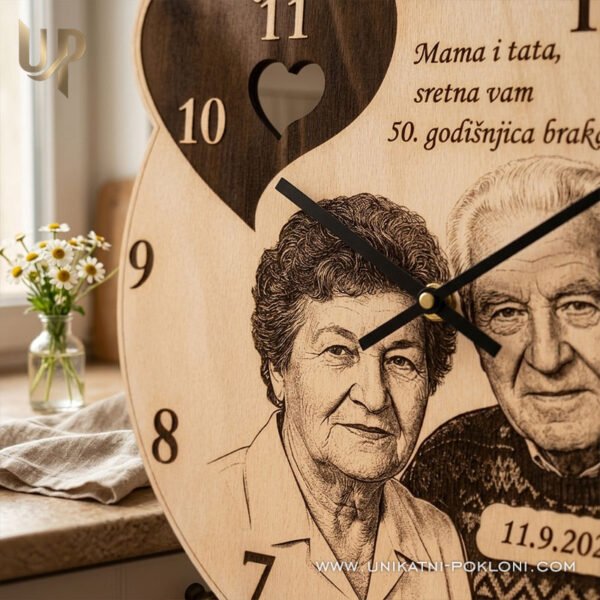 Poklon roditeljima za godišnjicu - personalizirani drveni sat sa slikom i posvetom 5 Poklon za roditelje za godišnjicu braka - drveni zidni sat s graviranom fotografijom