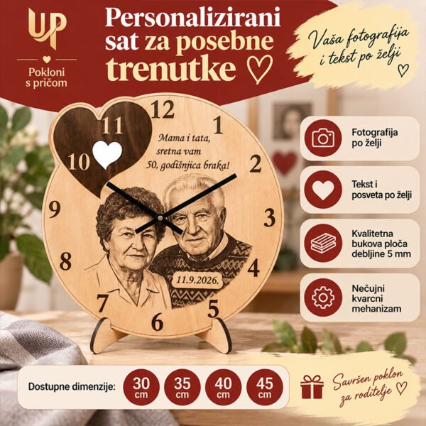 Poklon roditeljima za godišnjicu - personalizirani drveni sat sa slikom i posvetom - Unikatni pokloni Poklon roditeljima za godišnjicu - personalizirani drveni sat sa slikom i posvetom - personalizirani poklon
