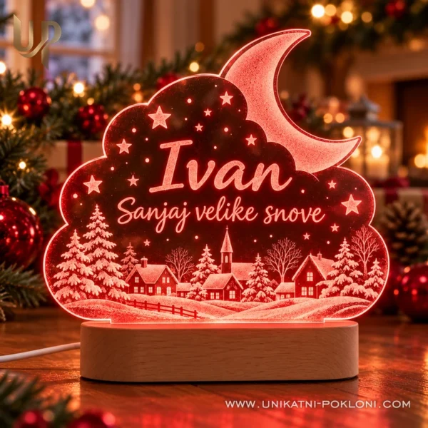 Božićna LED lampa sa zimskim selom - ime i posveta - Unikatni pokloni Detalj crvene božićne lampe Ivan s gravurom mjeseca, zvjezdica i zimskog sela.