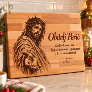 Personalizirana daska s Isusom i prezimenom obitelji u božićno uređenoj kuhinji
