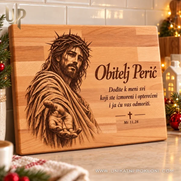 Personalizirana daska s Isusom - vjerski poklon za obitelj - Unikatni pokloni Personalizirana daska s Isusom i prezimenom obitelji u božićno uređenoj kuhinji