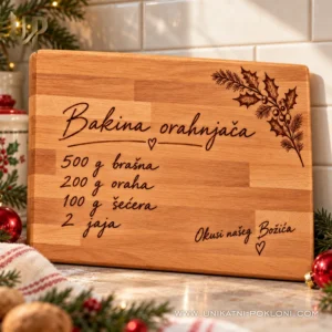 Daska s bakinim receptom za orahnjaču u božićno uređenoj kuhinji