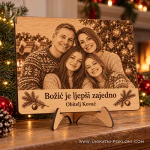 Gravirani obiteljski portret s posvetom Božić je ljepši zajedno na polici uz kamin.
