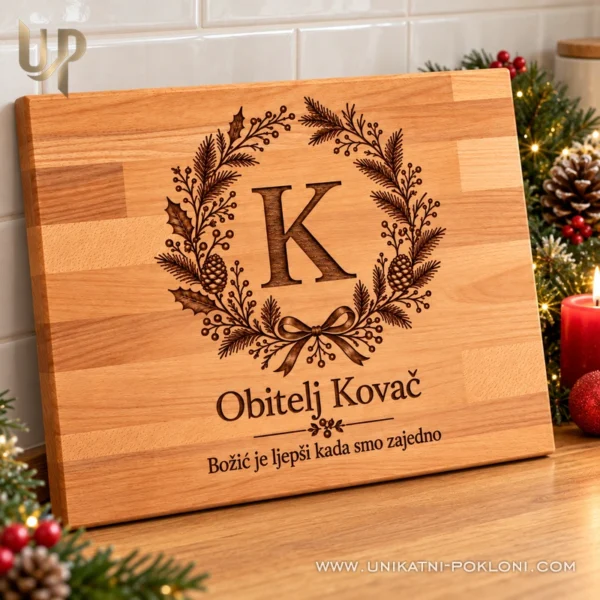 Personalizirana daska za rezanje - božićni poklon za obitelj - Unikatni pokloni Personalizirana daska obitelji Kovač s inicijalom K u božićno uređenoj kuhinji