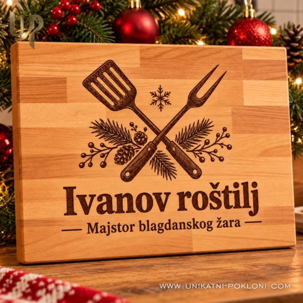 Personalizirana daska za roštilj - božićni poklon za majstora - Unikatni pokloni Personalizirana daska s natpisom Ivanov roštilj u božićno uređenoj kuhinji