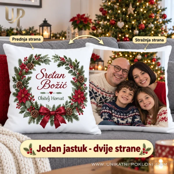 Prednja i stražnja strana jednog božićnog jastuka s prezimenom Horvat i obiteljskom fotografijom u dnevnom boravku.