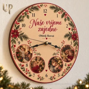 Drveni obiteljski sat Naše vrijeme zajedno s četiri fotografije na zidu dnevnog boravka.