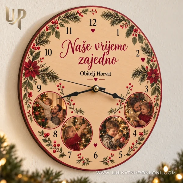 Personalizirani drveni sat s fotografijama - Naše vrijeme zajedno - Unikatni pokloni Drveni obiteljski sat Naše vrijeme zajedno s četiri fotografije na zidu dnevnog boravka.