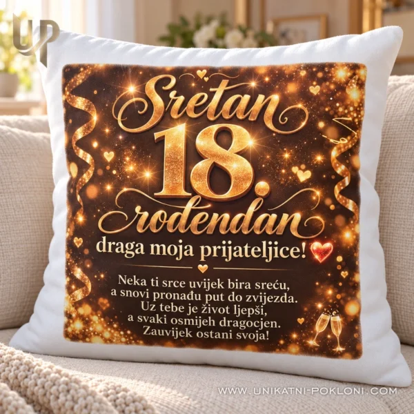 Bijeli jastuk s posvetom prijateljici za 18. rođendan na krem sofi.