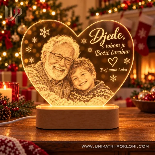02-bozicni-poklon-za-djeda-lampa-s-fotografijom Žuta LED lampa u obliku srca s graviranom fotografijom djeda i unuka te božićnom posvetom