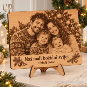 Obiteljski portret na drvu - gravirani božićni poklon - Unikatni pokloni Portret obitelji Babić na drvu s natpisom Naš mali božićni svijet u svijetlom domu.