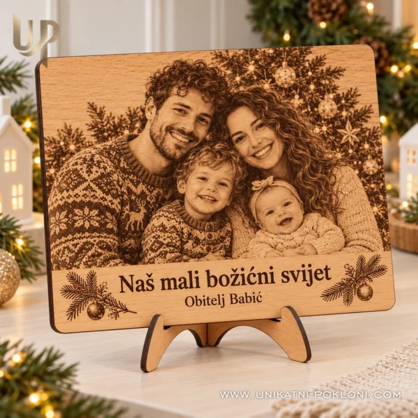 Obiteljski portret na drvu - gravirani božićni poklon - Unikatni pokloni Portret obitelji Babić na drvu s natpisom Naš mali božićni svijet u svijetlom domu.