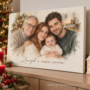 Obiteljski portret na platnu - personalizirani božićni poklon - Unikatni pokloni Personalizirani portret bake, roditelja i bebe na komodi u blagdanskom domu.