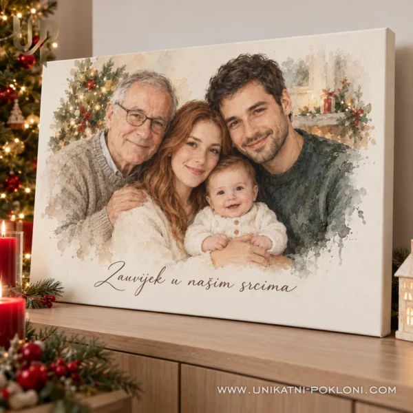 Obiteljski portret na platnu - personalizirani božićni poklon - Unikatni pokloni Personalizirani portret bake, roditelja i bebe na komodi u blagdanskom domu.