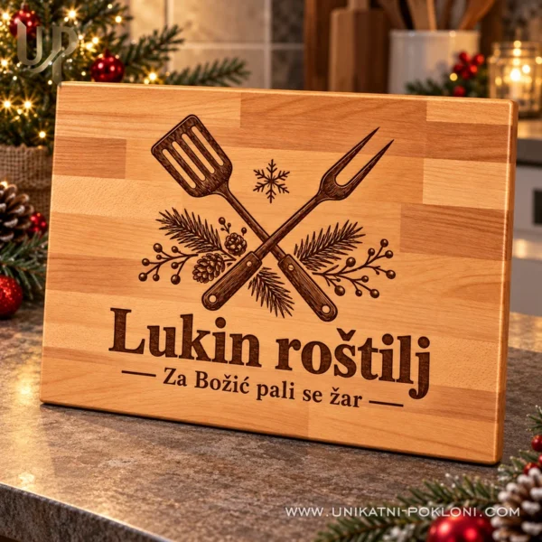 Personalizirana daska za roštilj - božićni poklon za majstora - Unikatni pokloni Bukova daska Lukin roštilj s blagdanskom posvetom u modernoj kuhinji