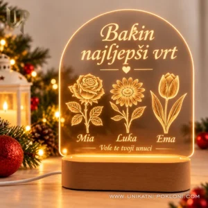 Personalizirana lampa Bakin najljepši vrt sa žutim svjetlom i imenima Mia, Luka i Ema.